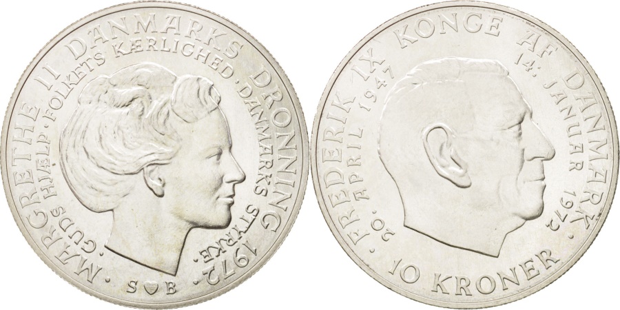 Denmark Margrethe II 10 Kroner 1972 Copenhagen Silver KM 858