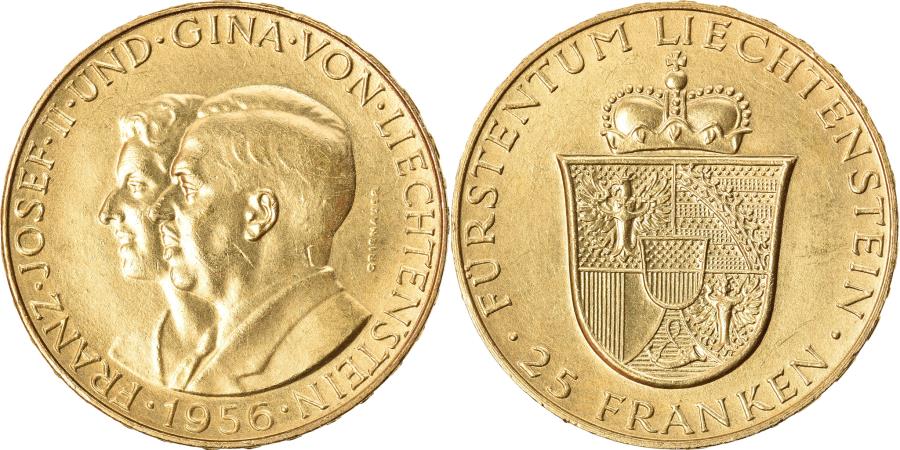 Coin Liechtenstein Prince Franz Josef II 25 Franken 1956 Gold