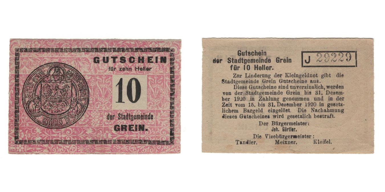 Banknote Austria Grein O Stadtgemeinde Heller Texte