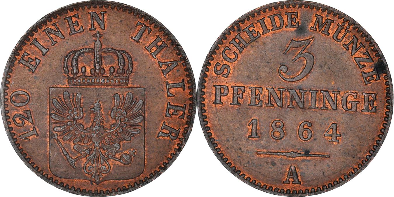 Coin German States PRUSSIA Wilhelm I 3 Pfennig 1864 Berlin