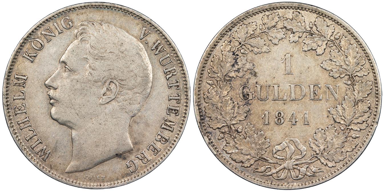 GERMAN STATES Wuerttemberg Wurttemberg Wilhelm I 1841 Gulden EF