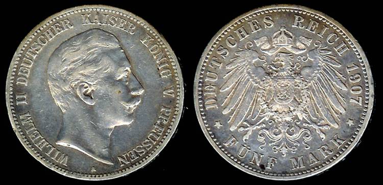 1907 A Prussia 5 Mark Wilhelm II AU Silver European Coins