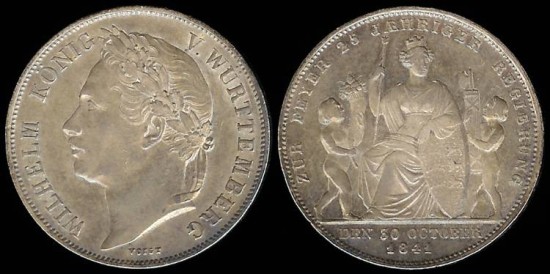 1841 Württemberg 1 Gulden Wilhelm I 25th Anniversary of Reign