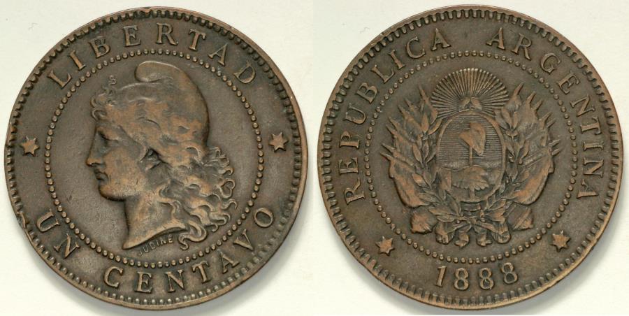 1888 Argentina 1 Centavo Capped Liberty Head Republic Coinage