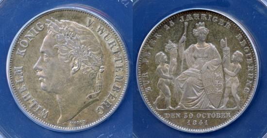 1841 Württemberg 1 Gulden Wilhelm I 25th Anniversary of Reign