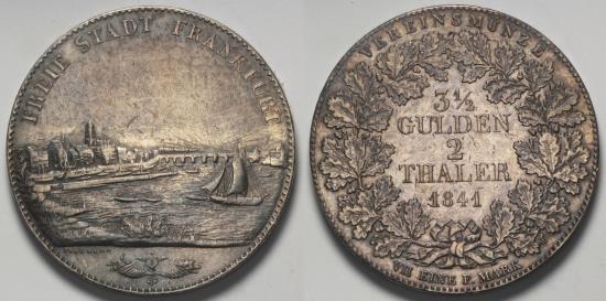 1841 Frankfurt City View Double Thaler 3 1 2 Gulden XF Silver