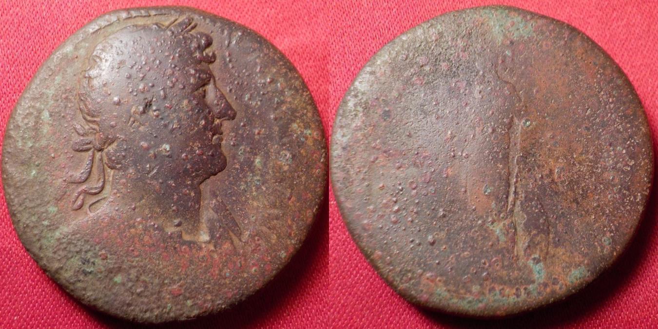 HADRIAN AE Orichalcum Sestertius Minerva Standing Left Shield At Her Feet