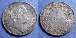 World Coins - Germany, Bavaria, Maximillian II 1863, Silver 1/2 Gulden