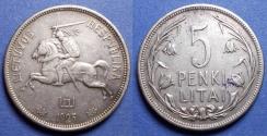 World Coins - Lithuania,  1925, Silver 5 Litai