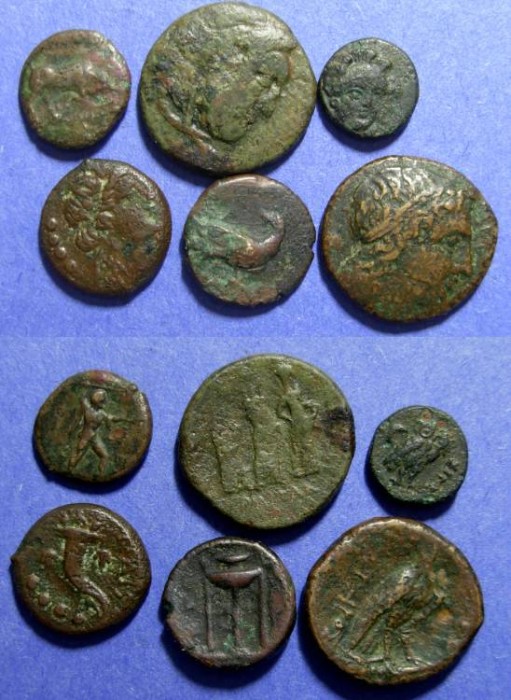 Ancient Coins - 6 greek coins - 3 Italian, 2 Sicilian and one Asia minor