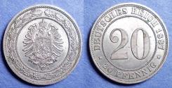 World Coins - Germany - Empire,  1887 A, Copper-Nickel 20 Pfennig