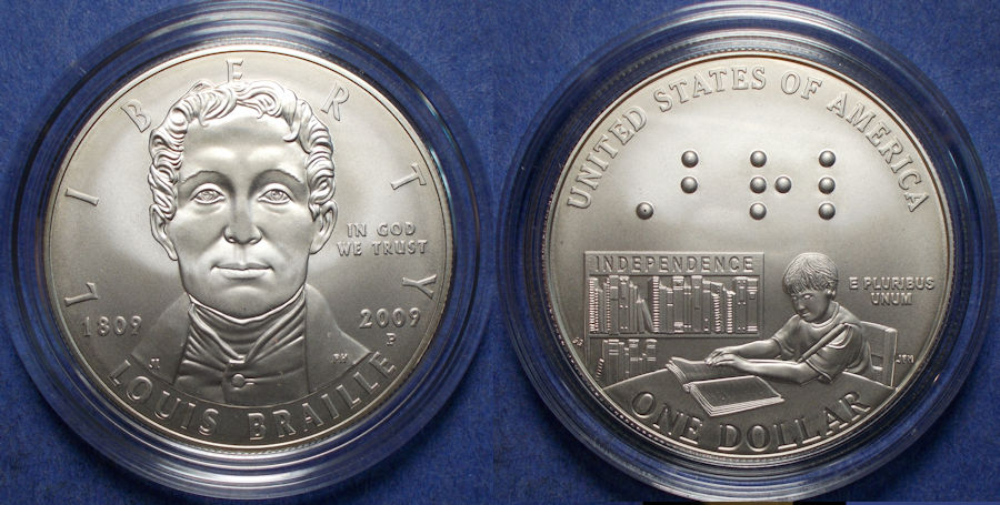 United States, Louis Braille Bicentennial Commemorative 2009, Silver Dollar