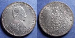 World Coins - Germany, Prussia, Wilhelm II 1914, Silver 3 Mark