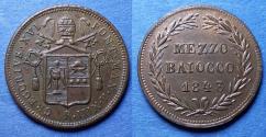 World Coins - Papal States, Gregory XVI 1843, Bronze Mezzo Baiocco