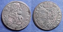 World Coins - Austria, Tyrol, Leopold 1688, Silver 3 Kreuzer