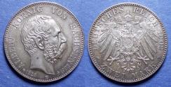 World Coins - Germany, Saxony, Albert 1902 E, Silver 2 Marks