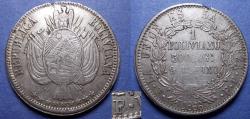 World Coins - Bolivia,  1866 F/p P Variety, Silver 1 Boliviano