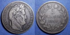 World Coins - France, Louis Philippe 1839 W, Silver 5 Francs