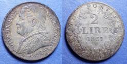 World Coins - Italy, Papal States, Pius IX 1867 XXIIR, Silver 2 Lire