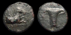 Ancient Coins - Aeolis, Kyme. AE16. Magistrate Stasippos. Forepart of Horse. / Single-Handed Vase