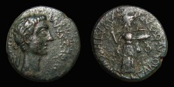 Ancient Coins - Augustus, AE-22. Thessalian League. Megalokles Ariston, Strategos. Athena Itonia. Nice Portrait!