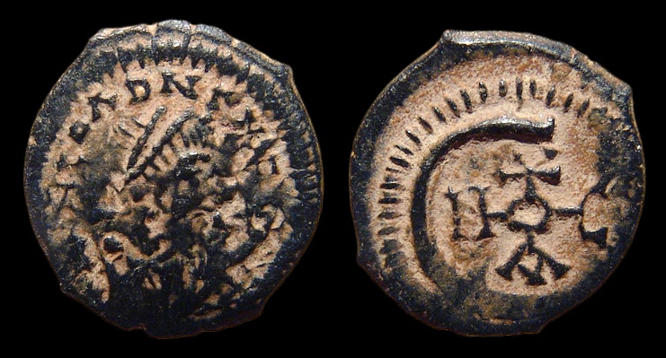 Byzantine, Justinian I. Æ Pentanummium, struck AD 560-565. Theoupolis ...