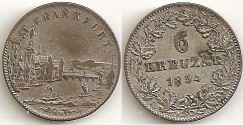 World Coins - Germany Frankfurt 1854 Silver 6 Kreuzer City Scene