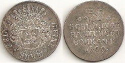 World Coins - Germany Hamburg 1809 CAIG Silver 32 Schillings