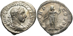 Ancient Coins - Severus Alexander. A.D. 222-235. AR denarius. Rome, A.D. 222. VF, light toned, light graininess.