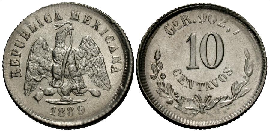 World Coins - Mexico, Second Republic. 1889-GoR/HoG. 10 centavos. Gem BU, rare reengraved mintmark.