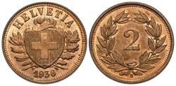 World Coins - Switzerland. 1936-B. 2 rappen. BU, red. Better date.