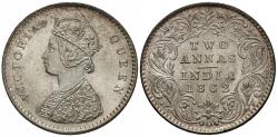 World Coins - British India. Victoria. 1862-(c). 2 annas. Choice BU.