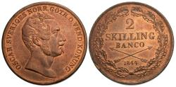 World Coins - Sweden. Oscar I. 1844. 2 skilling. Unc., red.