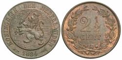 World Coins - Netherlands. William III. 1884. 2 1/2 cents. Unc., red and brown.