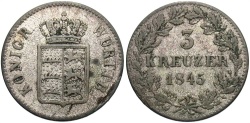 World Coins - German States, Wurttemberg. 1845. 3 Kreuzer. VF.