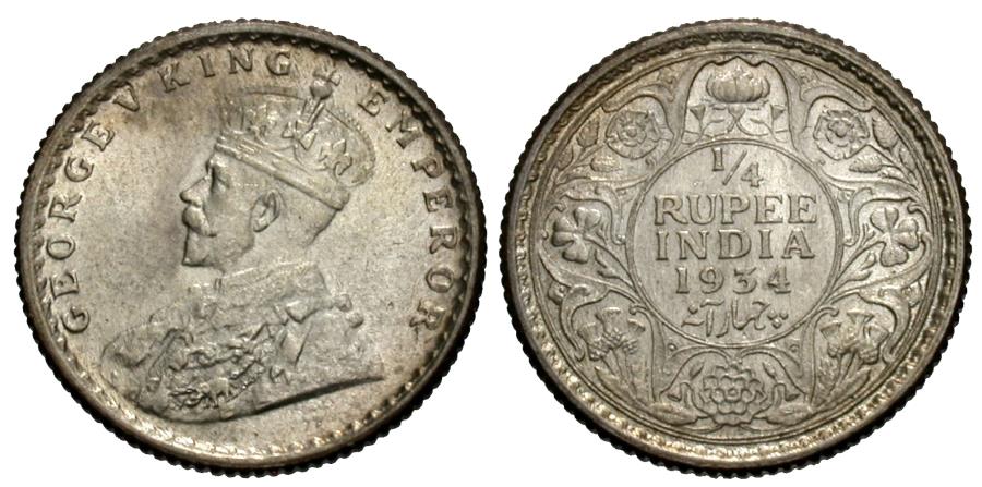 World Coins - British India. George V. 1934-(c). 1/4 rupee. BU.