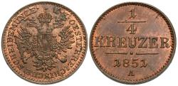 World Coins - Austria. Franz Joseph I. 1851-A. 1/4 kreuzer. Unc., red and brown.