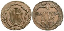 World Coins - Swiss Cantons, Schwyz. 1816. 1 rappen. Good VF.