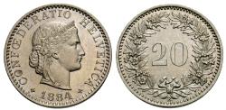 World Coins - Switzerland. 1884-B. 20 rappen. Choice AU.