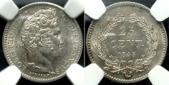 World Coins - France, Second Kingdom. Louis Philippe. 1830-1848. 25 Centimes. Rouen, 1845-B. NGC MS62.