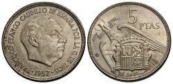 World Coins - Spain. 1957 (63). 5 pesetas. EF.