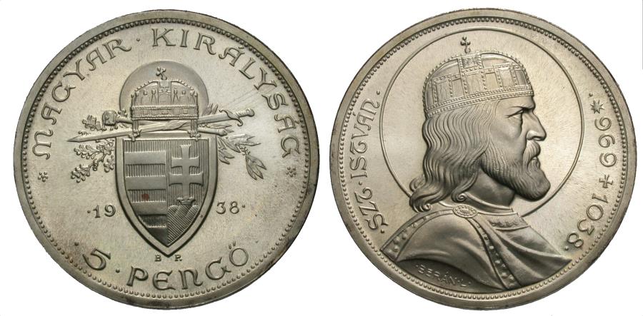 World Coins - Hungary. 1938. 5 pengo. 900th Anniversary - Death of St. Stephan. Proof Unc..