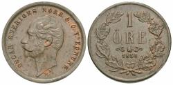 World Coins - Sweden. Oscar I. 1858-LA. 1 ore. AU.