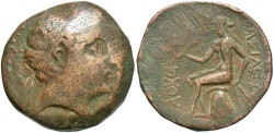 Ancient Coins - Seleukid Kingdom. Antiochos III. 223-187 B.C. Æ. Uncertain eastern mint. Fine/Near VF, brown patina. Unusually crude style Apollo. Rare. 