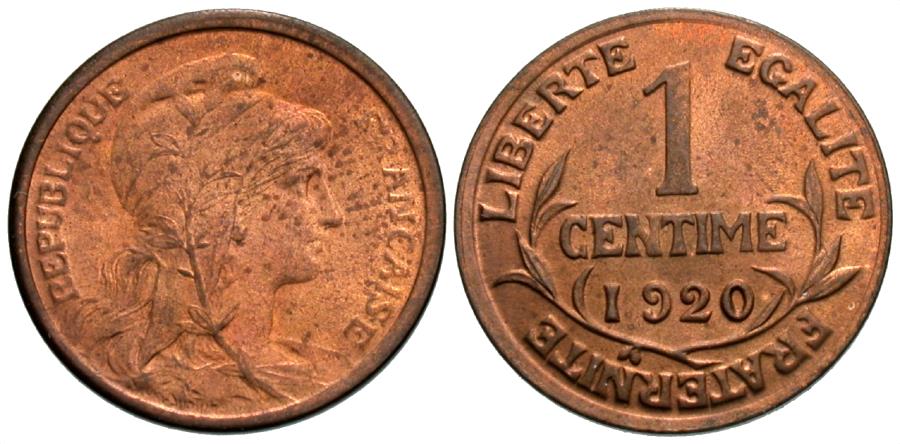 World Coins - France, Third Republic. 1920. 1 centime. Choice BU, red.