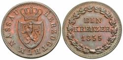World Coins - German States, Nassau. 1855. 1 kreuzer. Unc, red and brown.