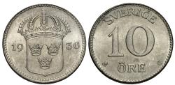 World Coins - Sweden. Gustaf V. 1936 (short 6). 10 ore. Gem BU.