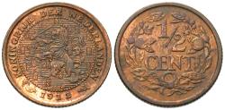 World Coins - Netherlands. Wilhelmina I. 1912. 1/2 cent. Unc., red and brown.