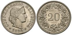 World Coins - Switzerland. 1884. 20 Rappen. Choice BU, good luster.