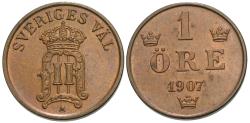 World Coins - Sweden. Oscar II. 1907. 1 ore. Choice AU.